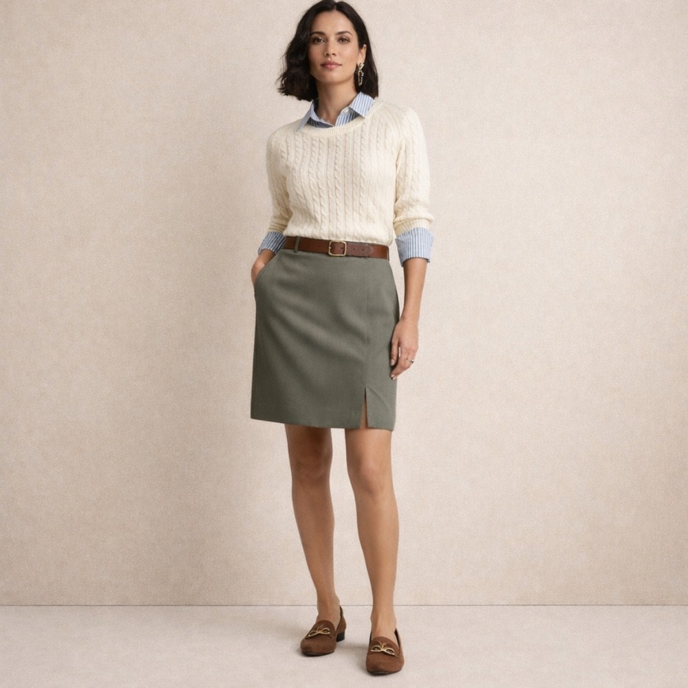 Vintage Olive Green Wool Straight Office Work Preppy Pencil Skirt Size 10